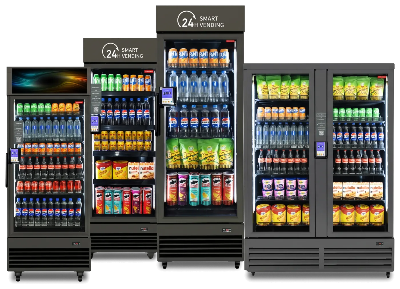 Four black, glass-front smart coolers of different sizes standing side by side, their lit shelves full of bottled drinks, cans and snacks.